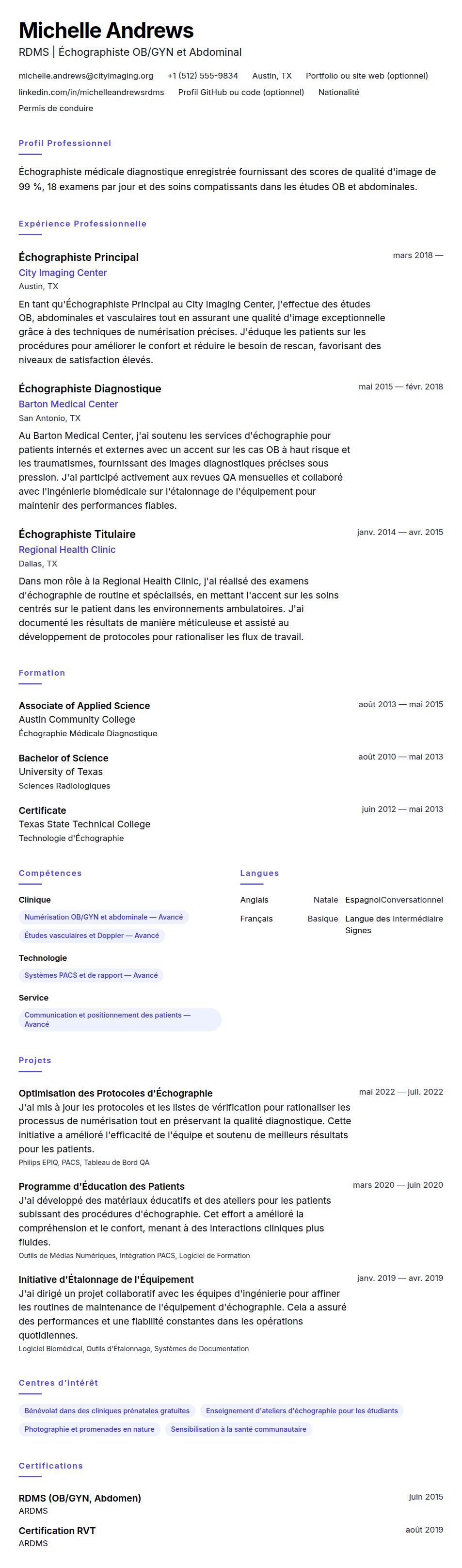 Aperçu du CV Exemple de CV d'Échographiste