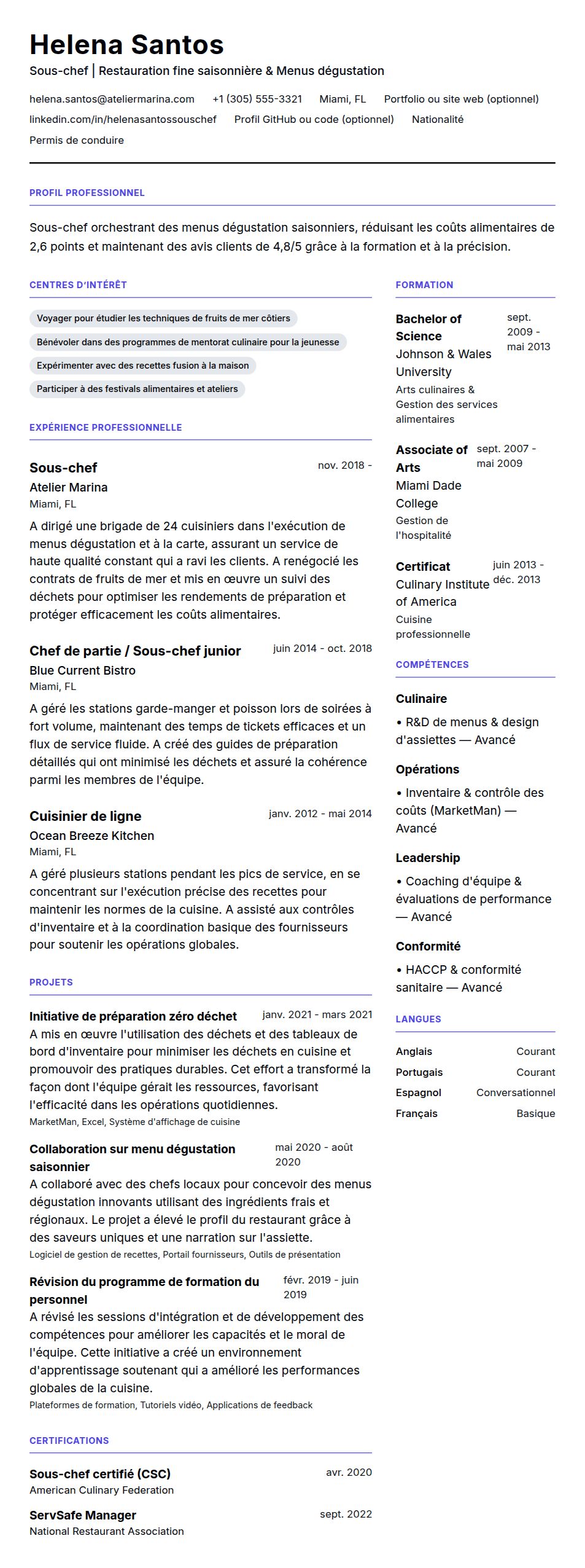 Aperçu du CV Exemple de CV de Sous-chef