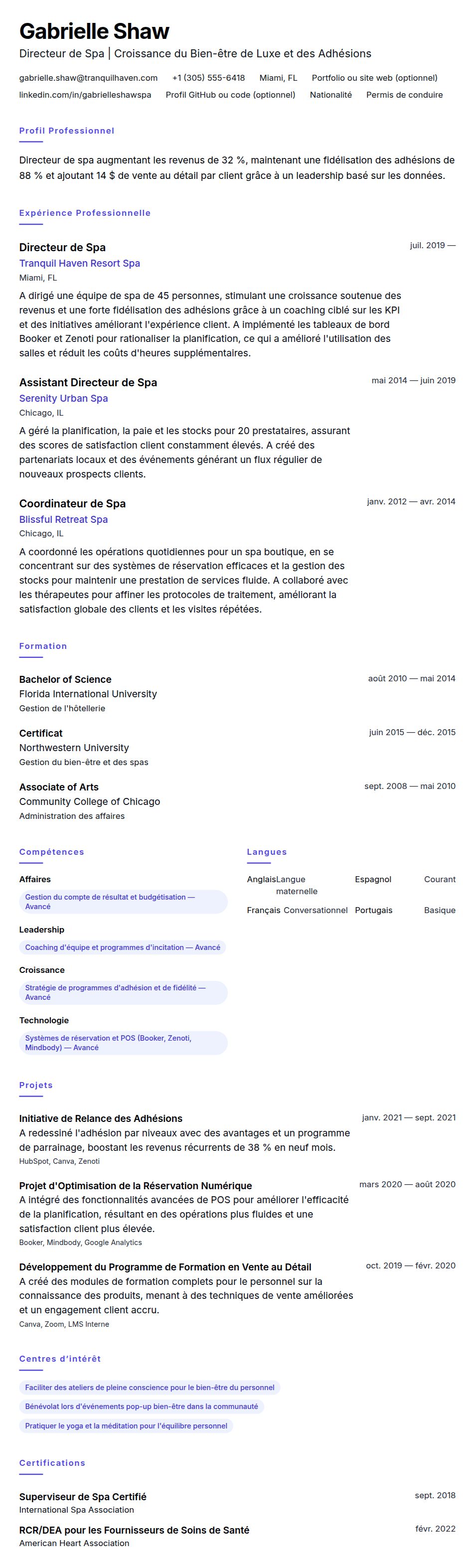 Aperçu du CV Exemple de CV de Directeur de Spa