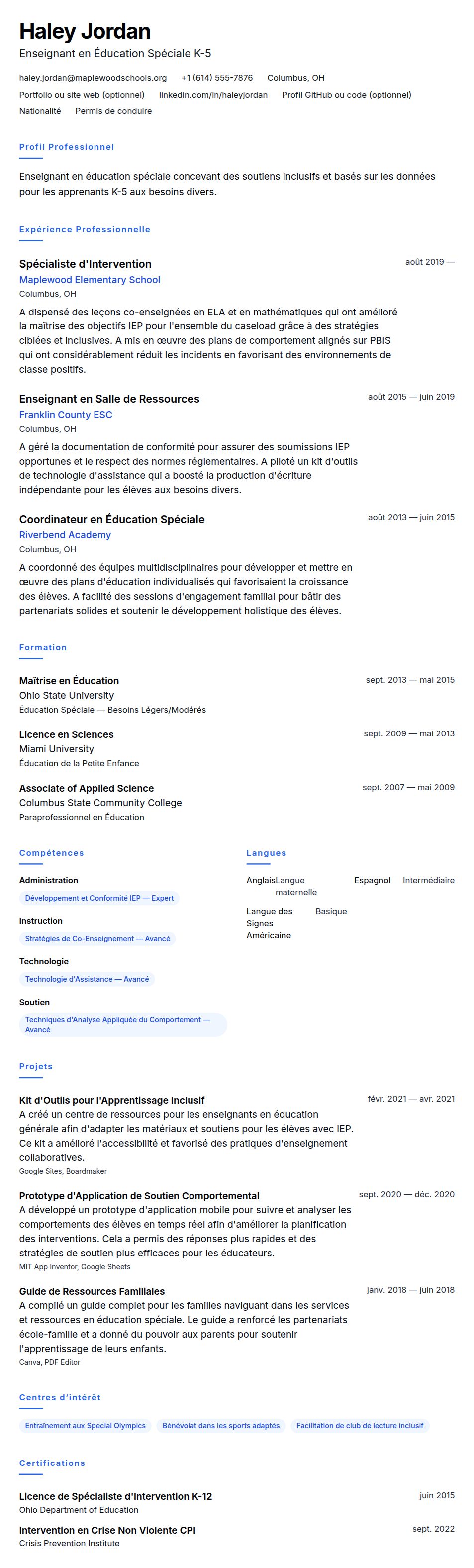 Aperçu du CV Exemple de CV pour Enseignant en Éducation Spéciale