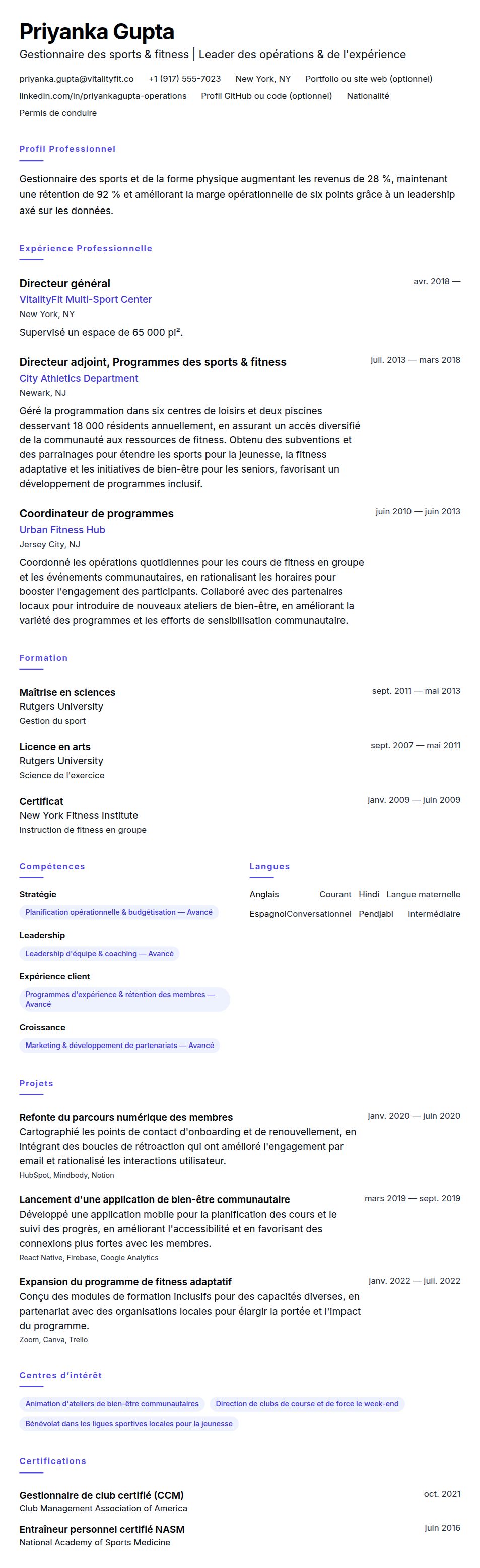 Aperçu du CV Exemple de CV de gestionnaire des sports et de la forme physique