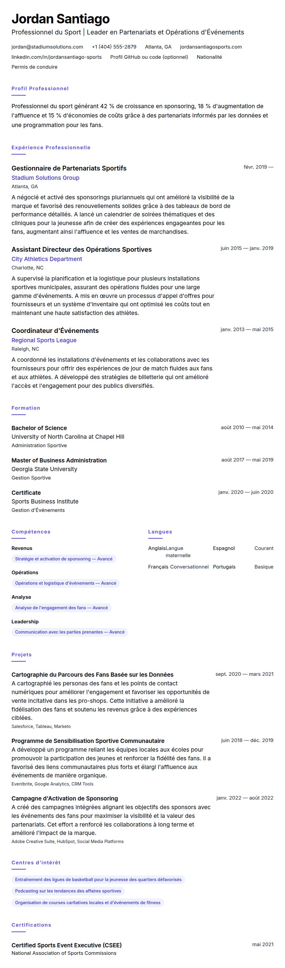 Aperçu du CV Exemple de CV de Professionnel du Sport
