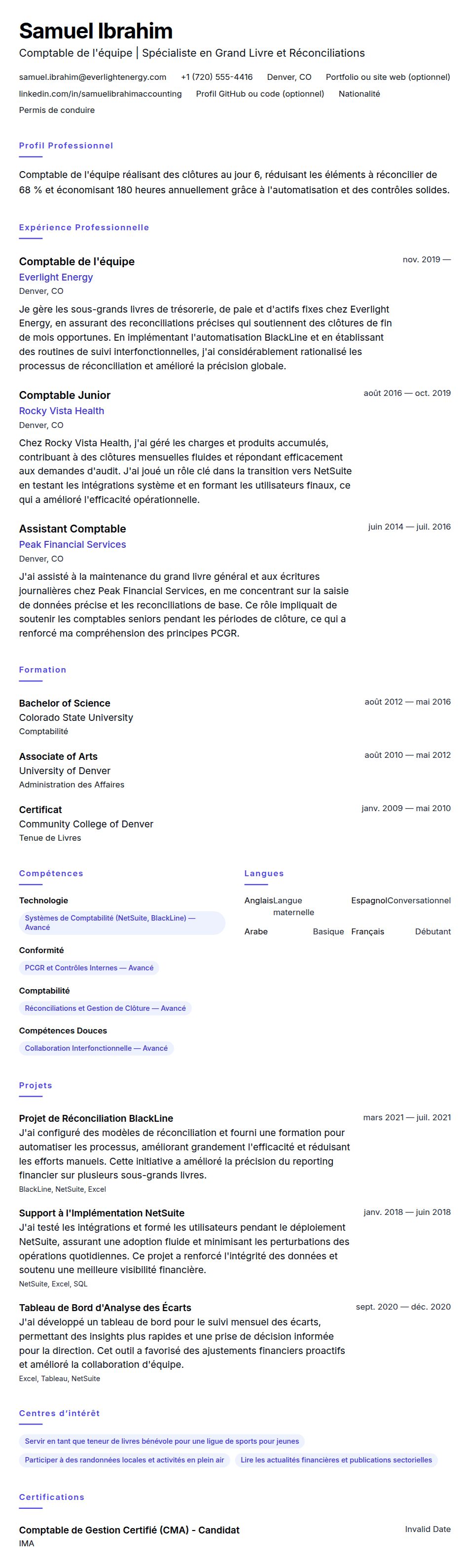 Aperçu du CV Exemple de CV de Comptable de l'équipe