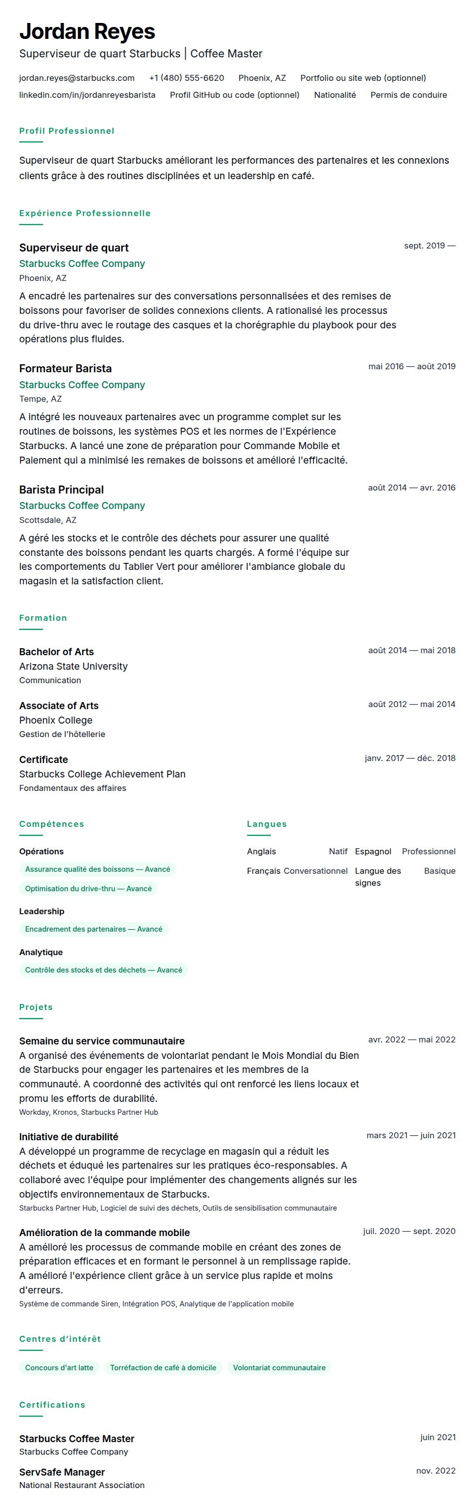 Aperçu du CV Exemple de CV pour Superviseur de quart Starbucks