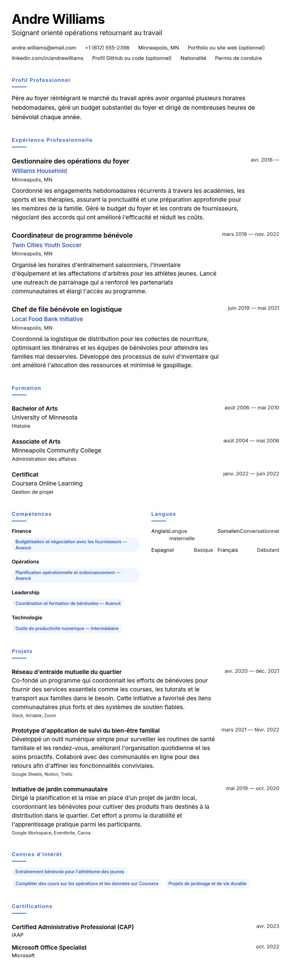 Aperçu du CV Exemple de CV pour père au foyer