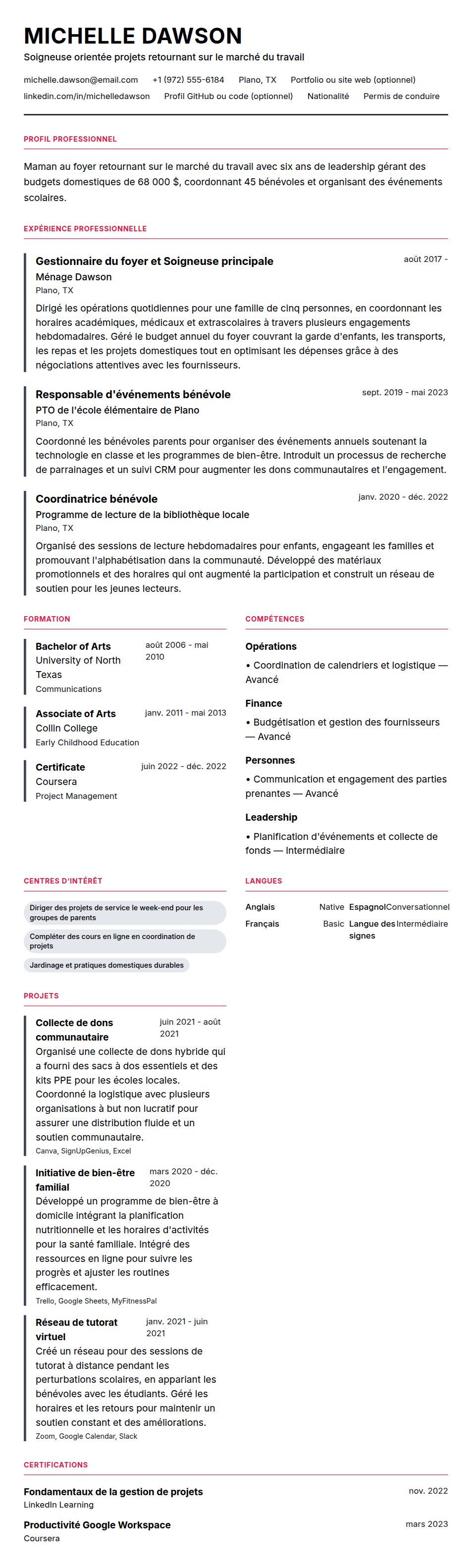 Aperçu du CV Exemple de CV pour maman au foyer