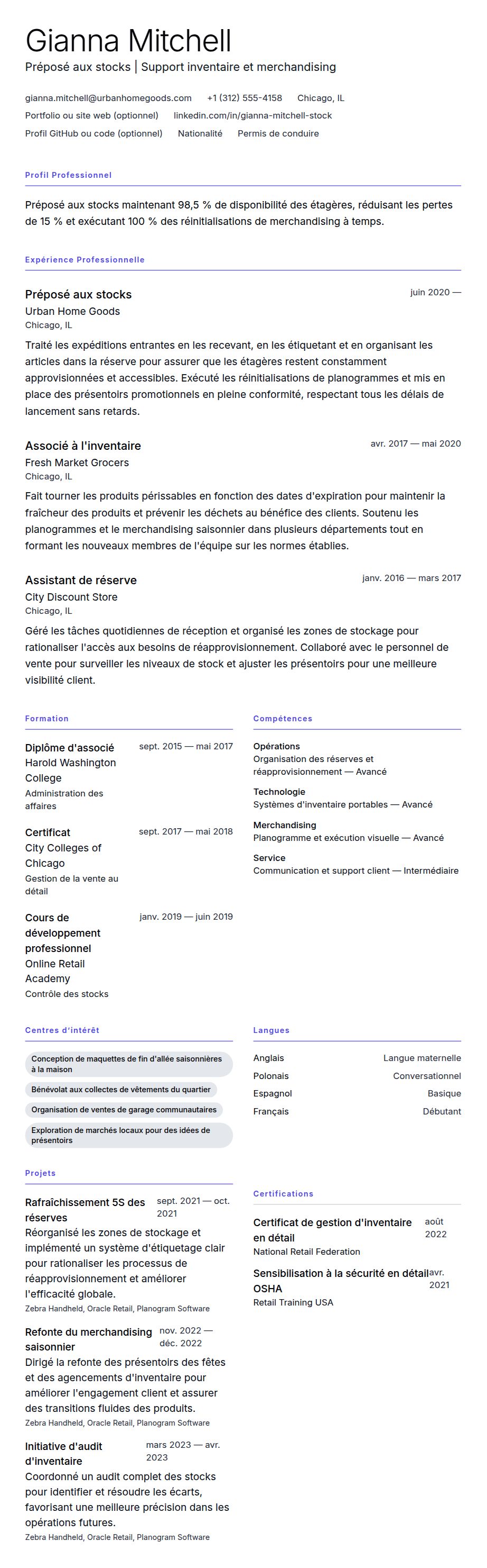 Exemple de CV de Préposé aux stocks
