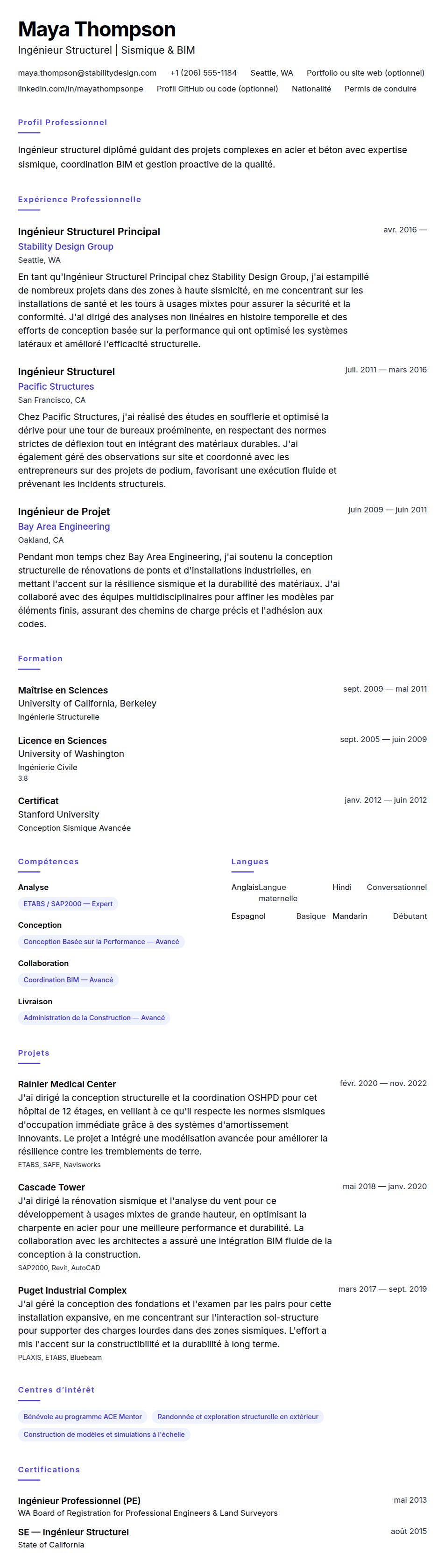 Aperçu du CV Exemple de CV d'Ingénieur Structurel