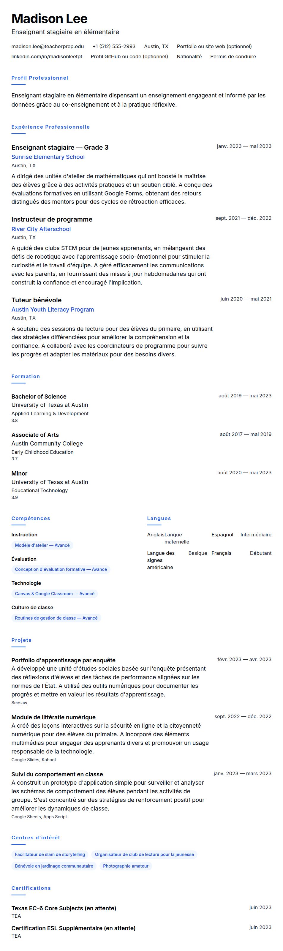 Aperçu du CV Exemple de CV pour enseignant stagiaire