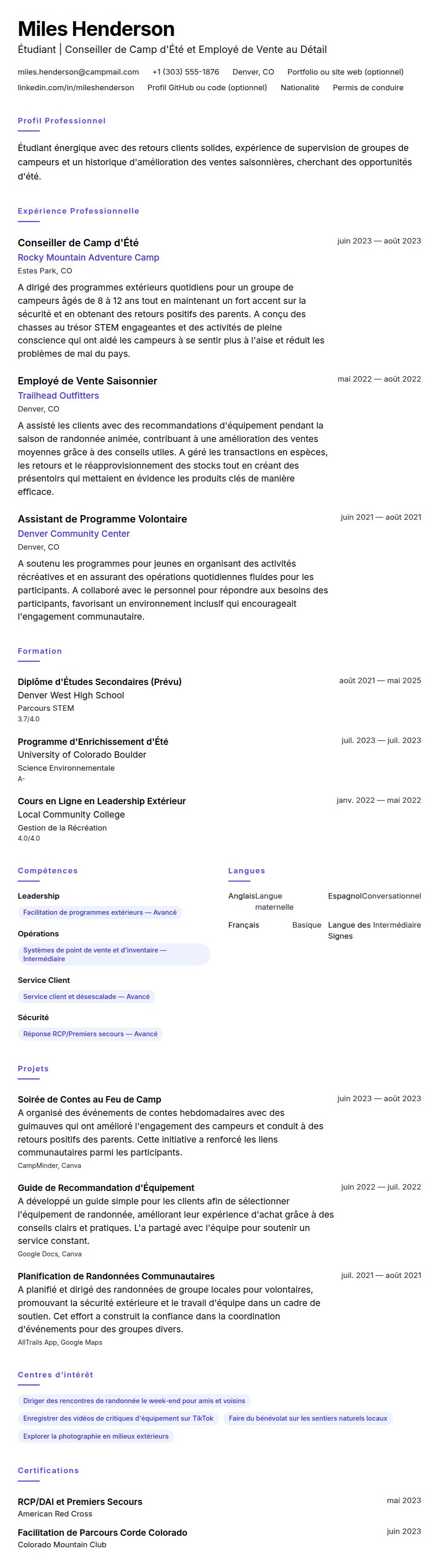 Aperçu du CV Exemple de CV pour Emploi d'Été