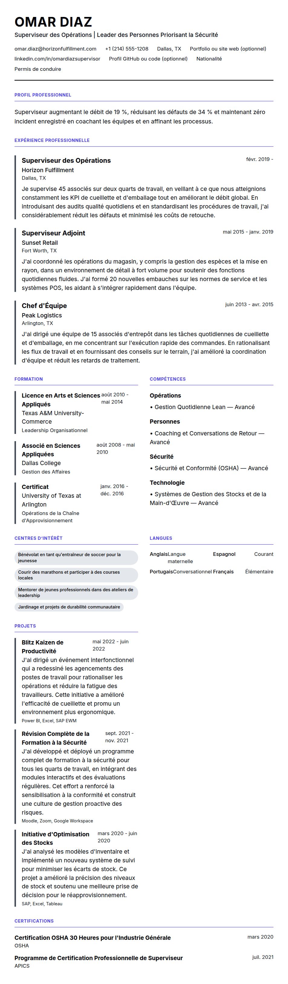Aperçu du CV Exemple de CV de Superviseur
