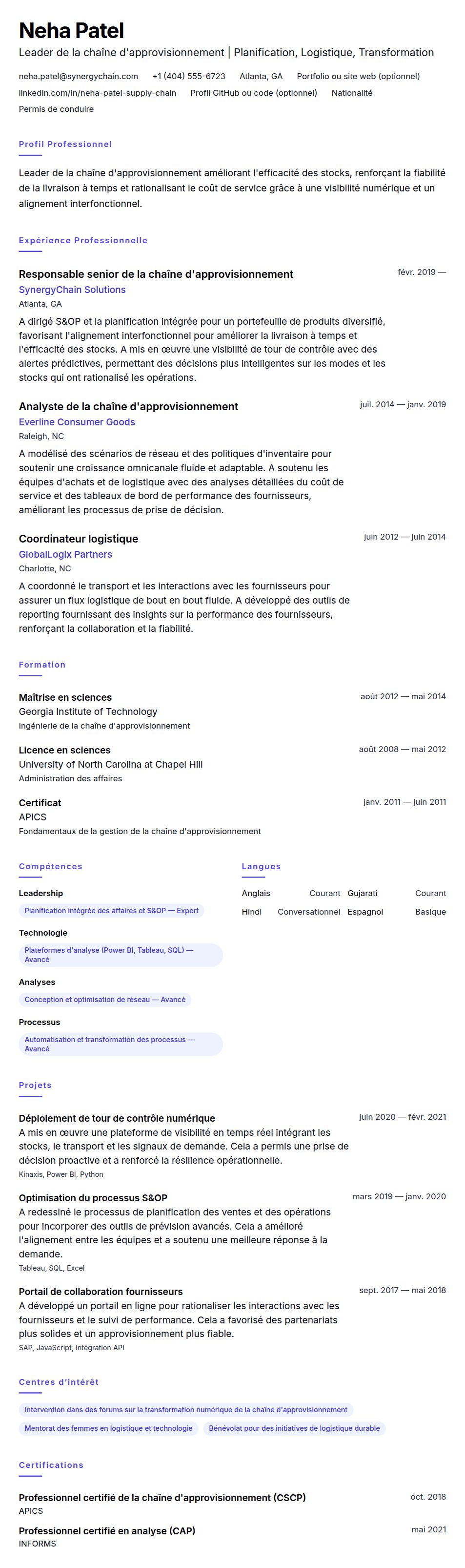 Aperçu du CV Exemple de CV pour un professionnel de la chaîne d'approvisionnement