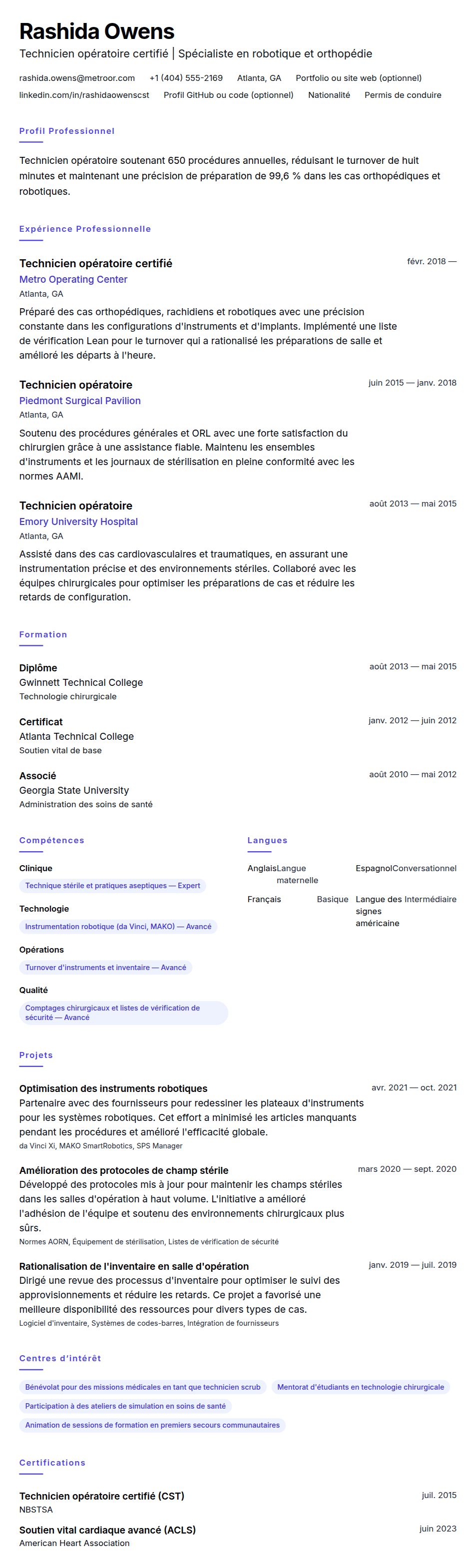 Aperçu du CV Exemple de CV de technicien opératoire