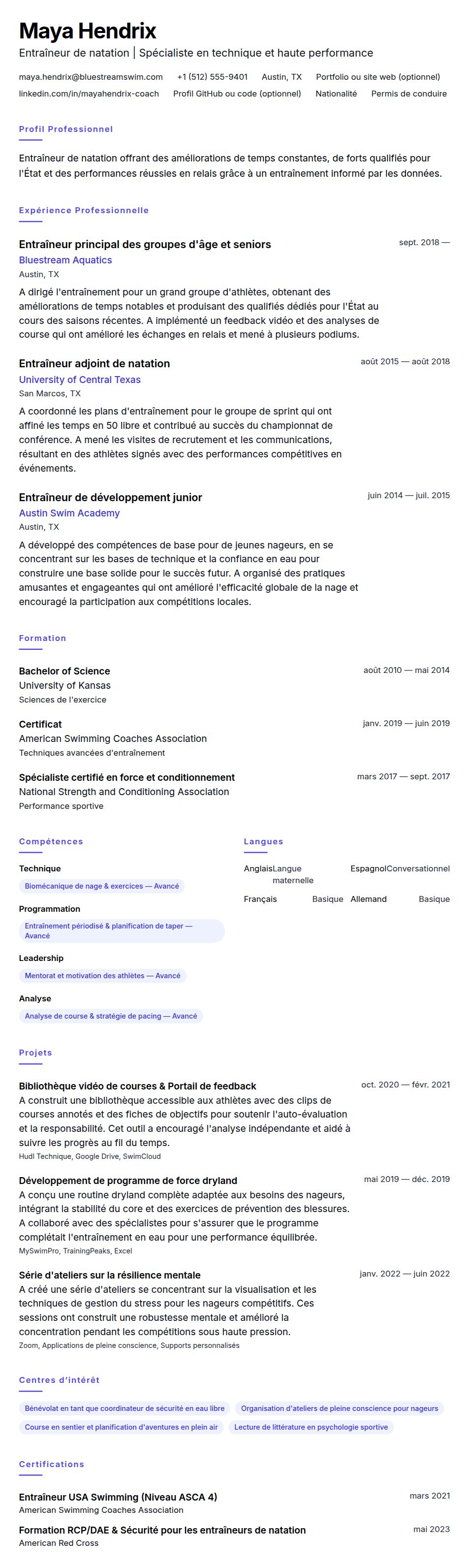 Aperçu du CV Exemple de CV d'Entraîneur de Natation
