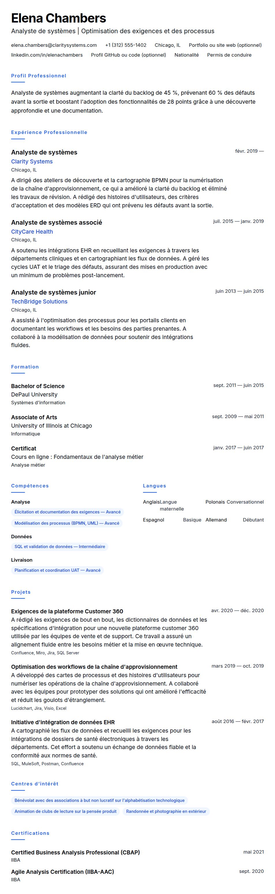 Aperçu du CV Exemple de CV d'Analyste de systèmes
