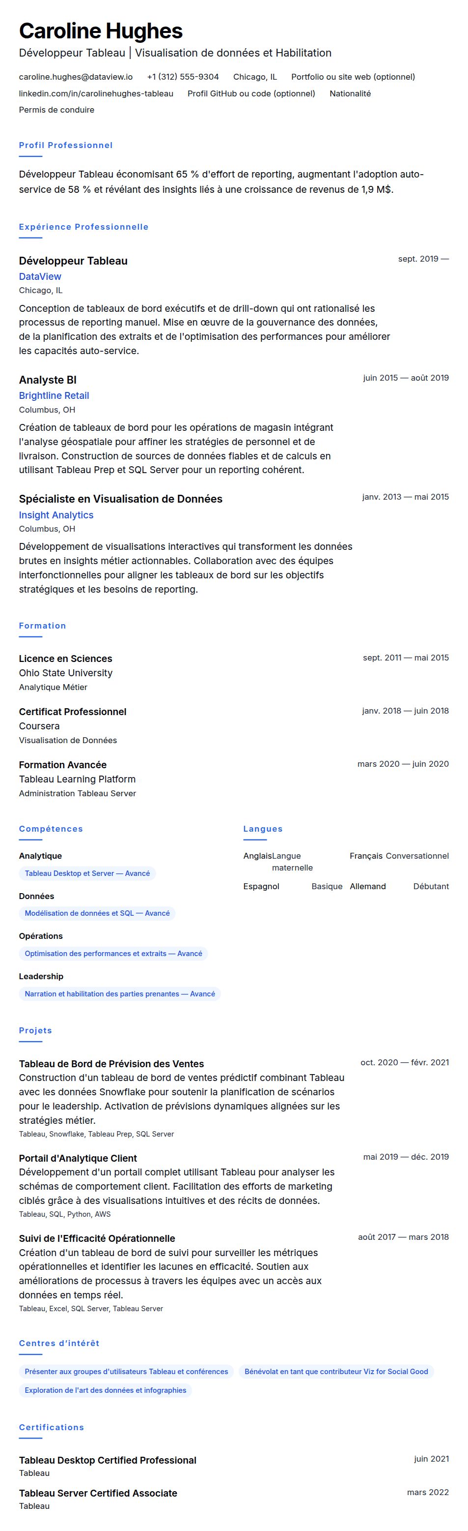Aperçu du CV Exemple de CV de Développeur Tableau