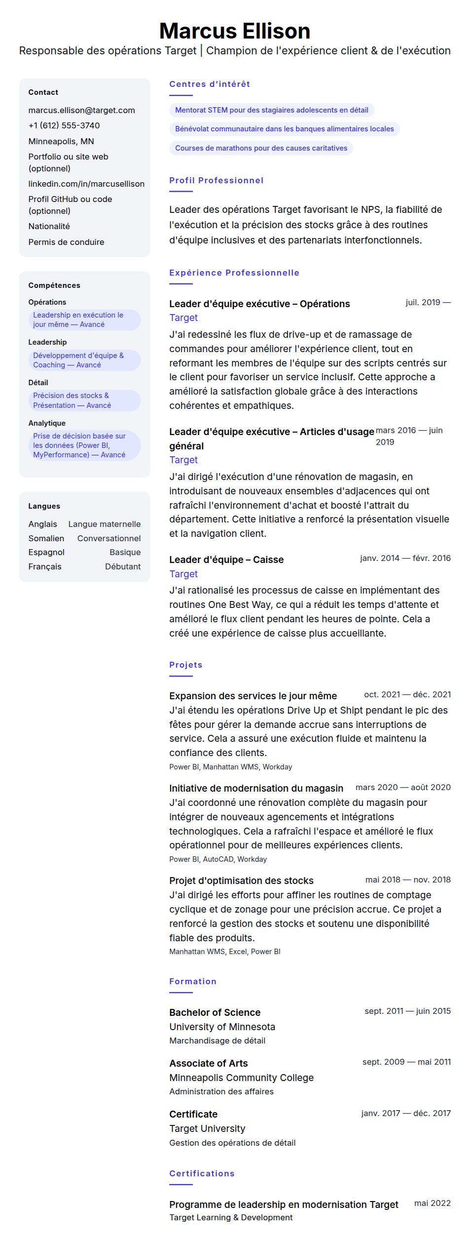 Aperçu du CV Exemple de CV de Responsable des opérations Target