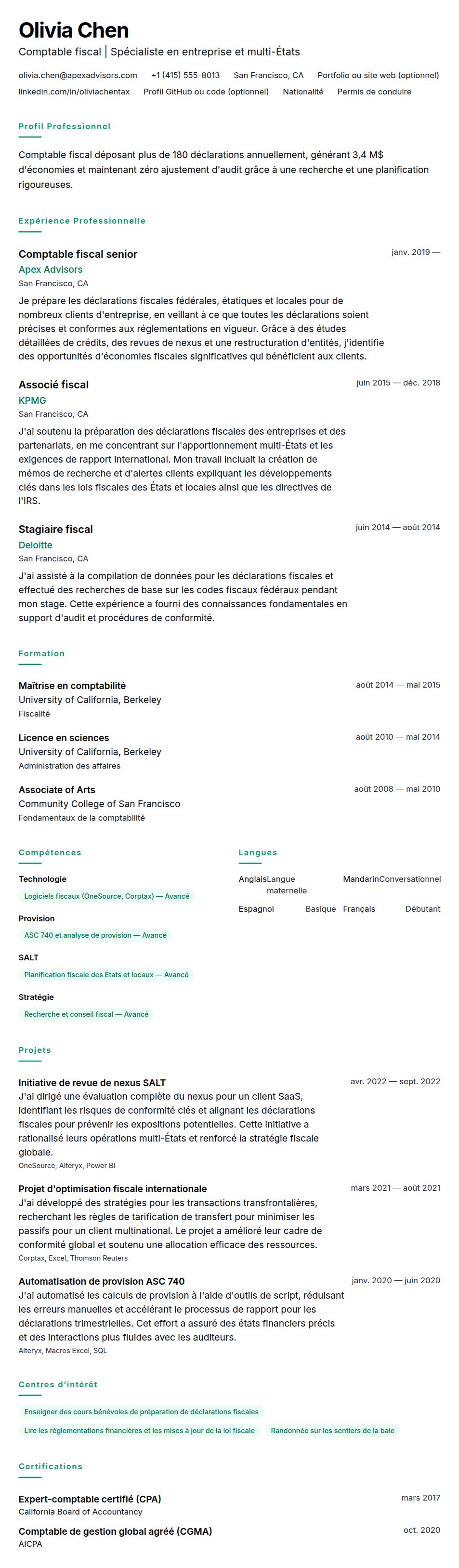 Aperçu du CV Exemple de CV de comptable fiscal