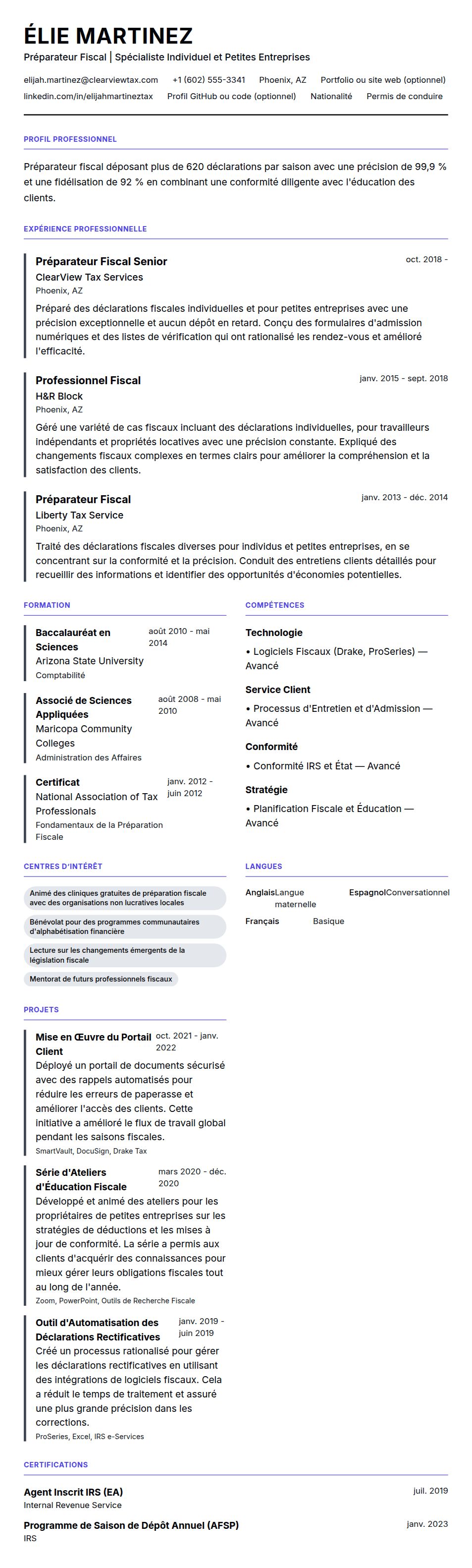 Aperçu du CV Exemple de CV de Préparateur Fiscal