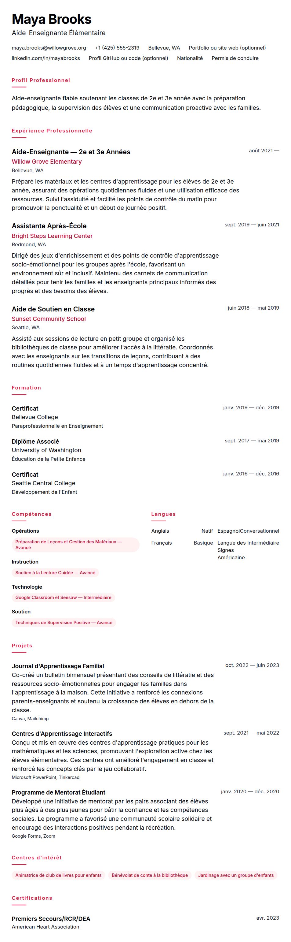 Aperçu du CV Exemple de CV d'Aide-Enseignant