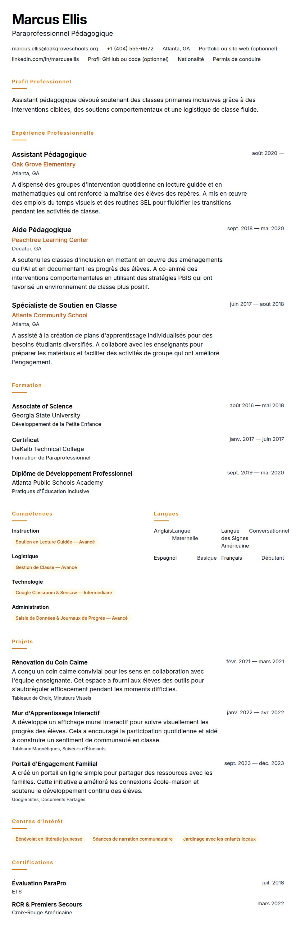Aperçu du CV Exemple de CV pour Assistant Pédagogique
