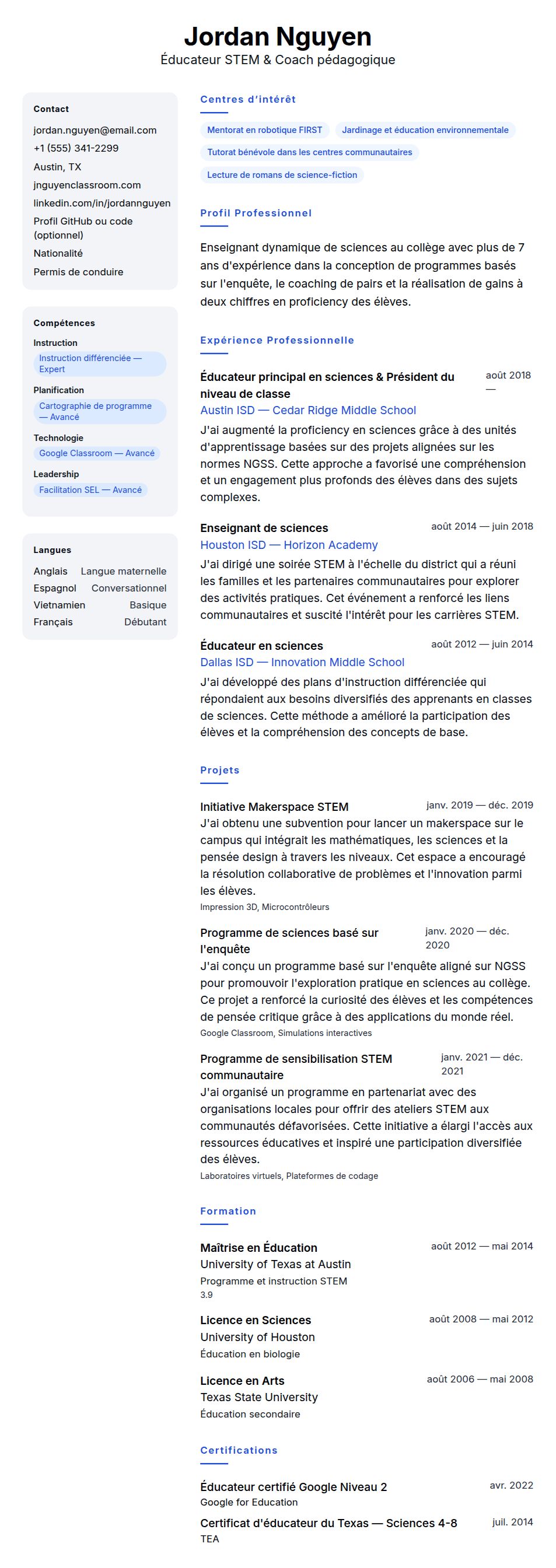 Aperçu du CV Exemple de CV d'Enseignant