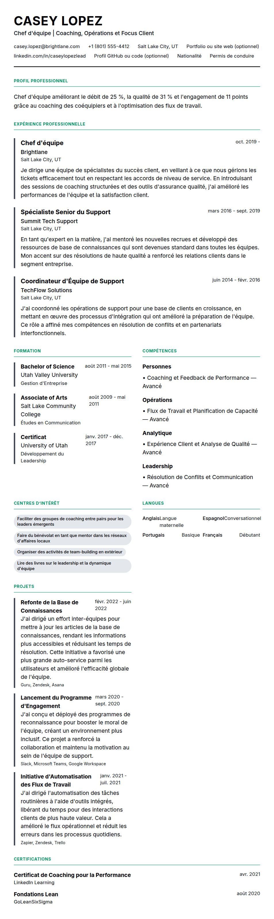 Aperçu du CV Exemple de CV de Chef d'équipe