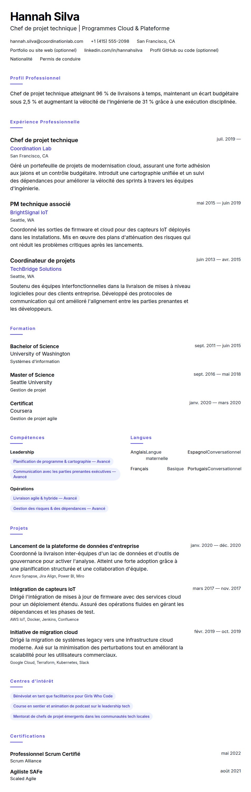 Aperçu du CV Exemple de CV de Chef de projet technique