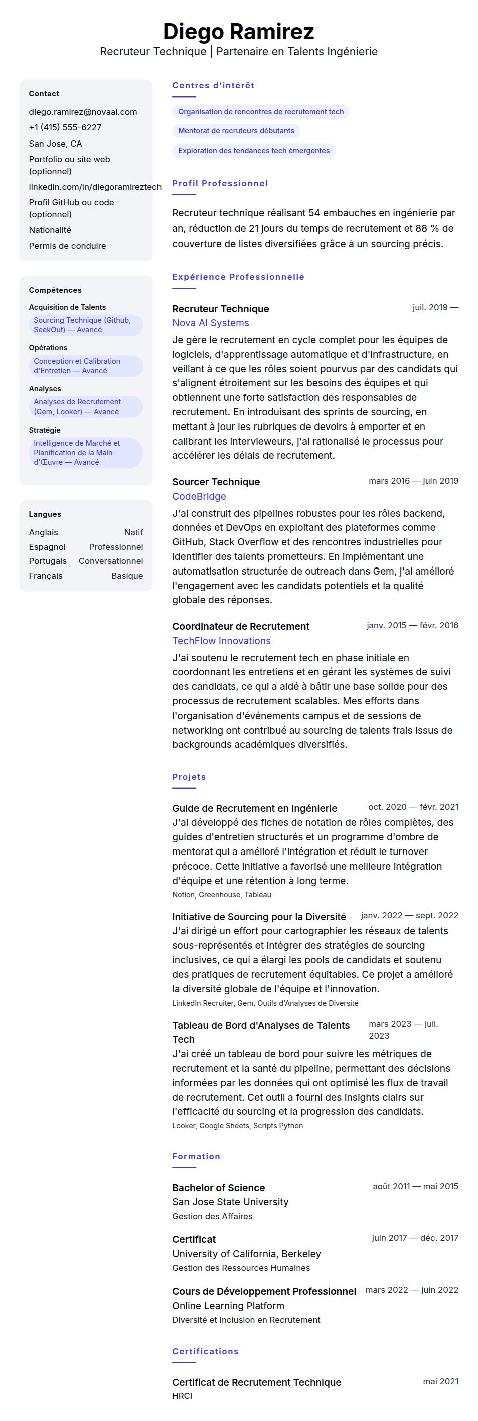 Aperçu du CV Exemple de CV de Recruteur Technique