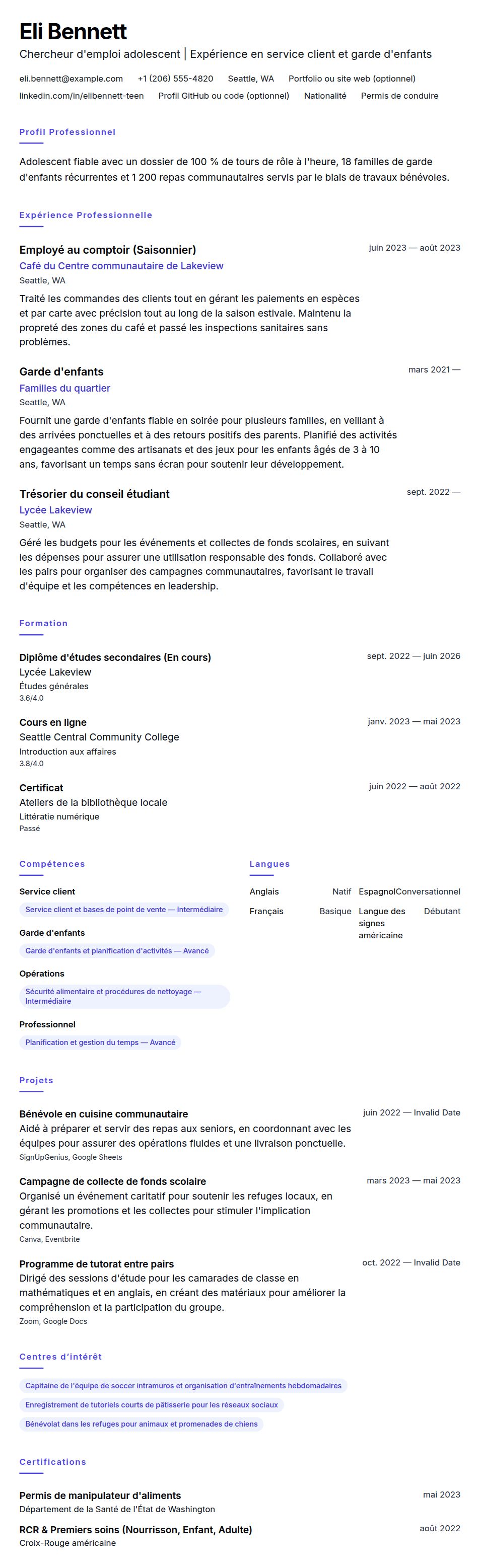 Exemple de CV pour chercheur d'emploi adolescent