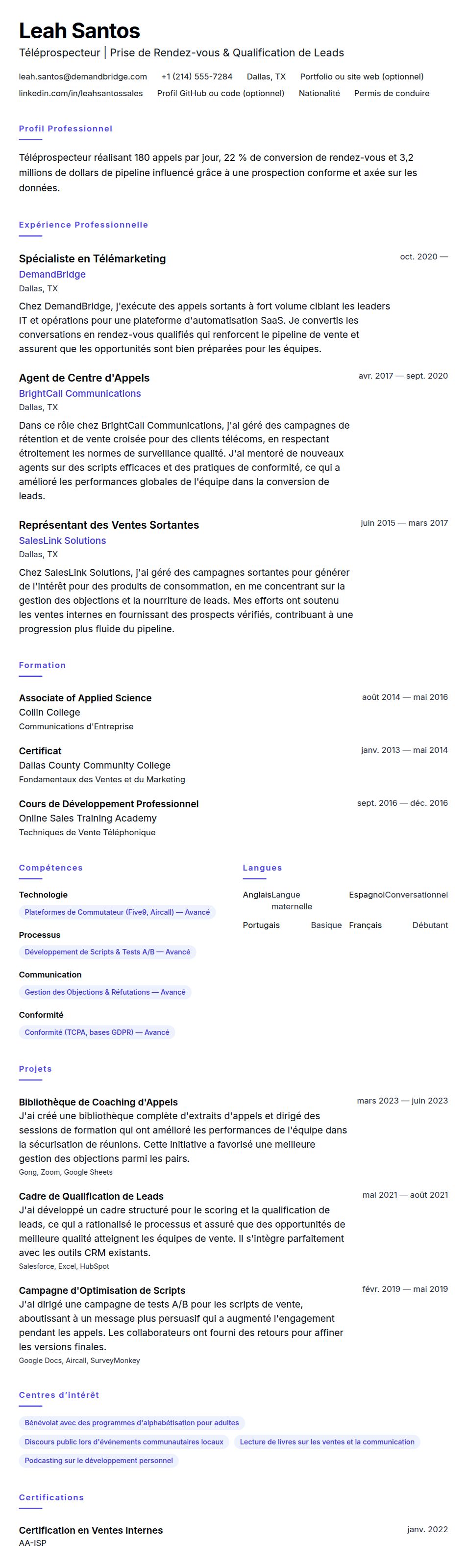 Aperçu du CV Exemple de CV de Téléprospecteur