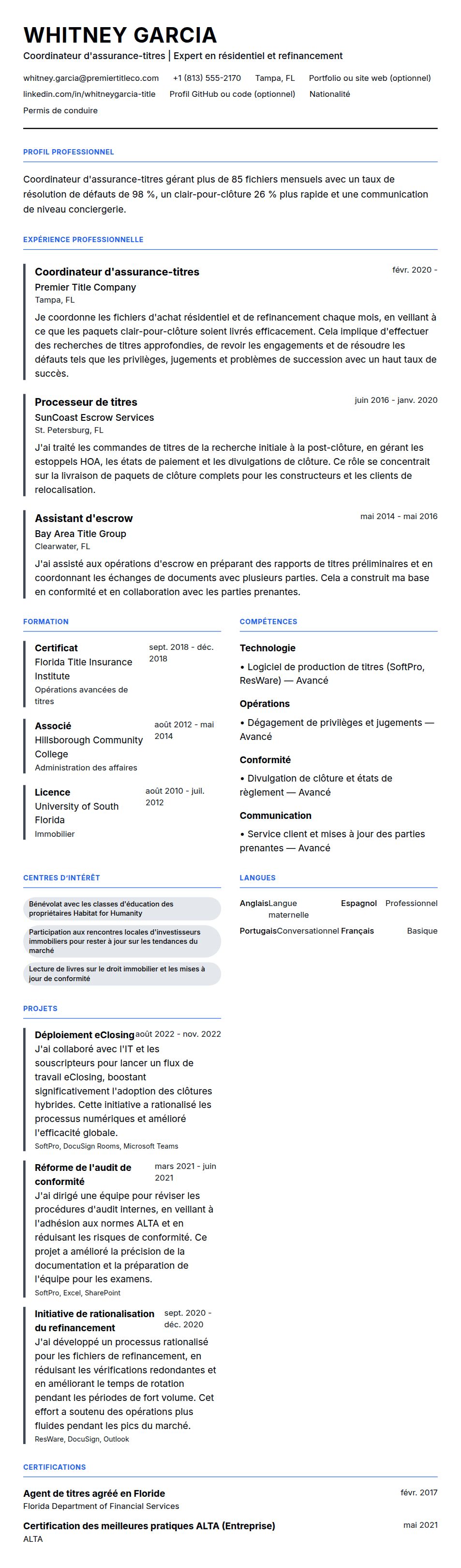 Exemple de CV de Coordinateur d'assurance-titres