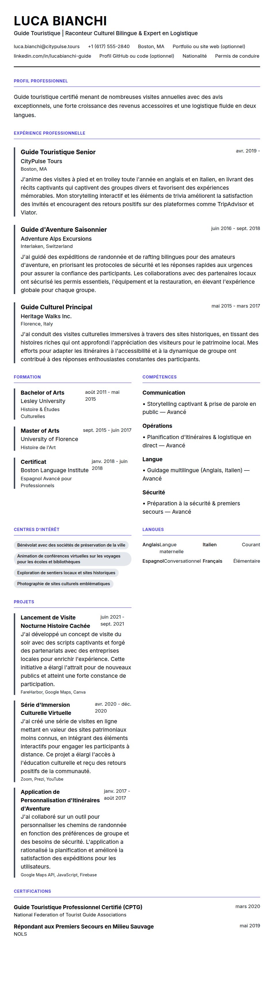 Aperçu du CV Exemple de CV de Guide Touristique
