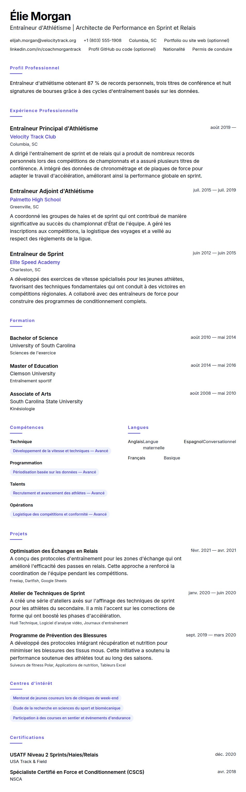 Aperçu du CV Exemple de CV d'Entraîneur d'Athlétisme