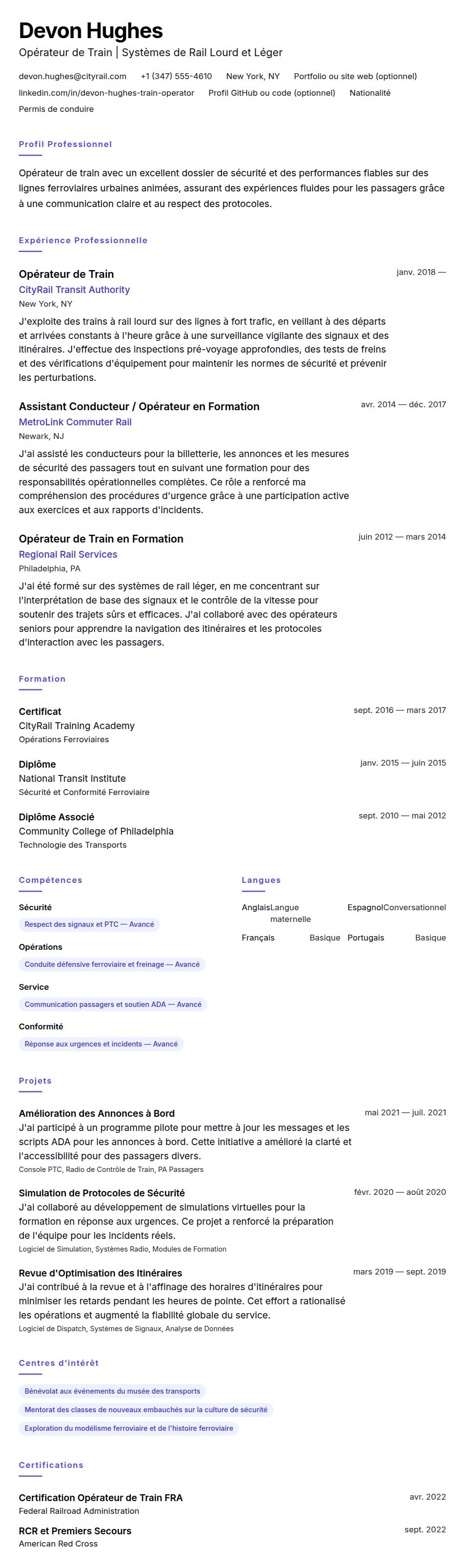 Aperçu du CV Exemple de CV d'Opérateur de Train