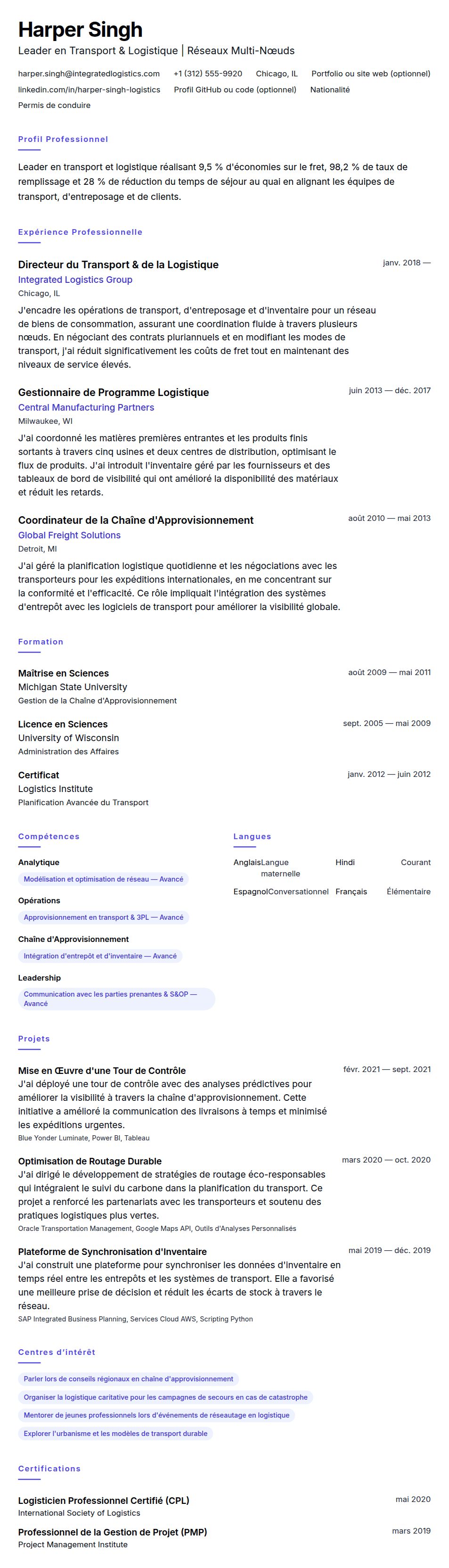 Aperçu du CV Exemple de CV pour un Professionnel du Transport et de la Logistique