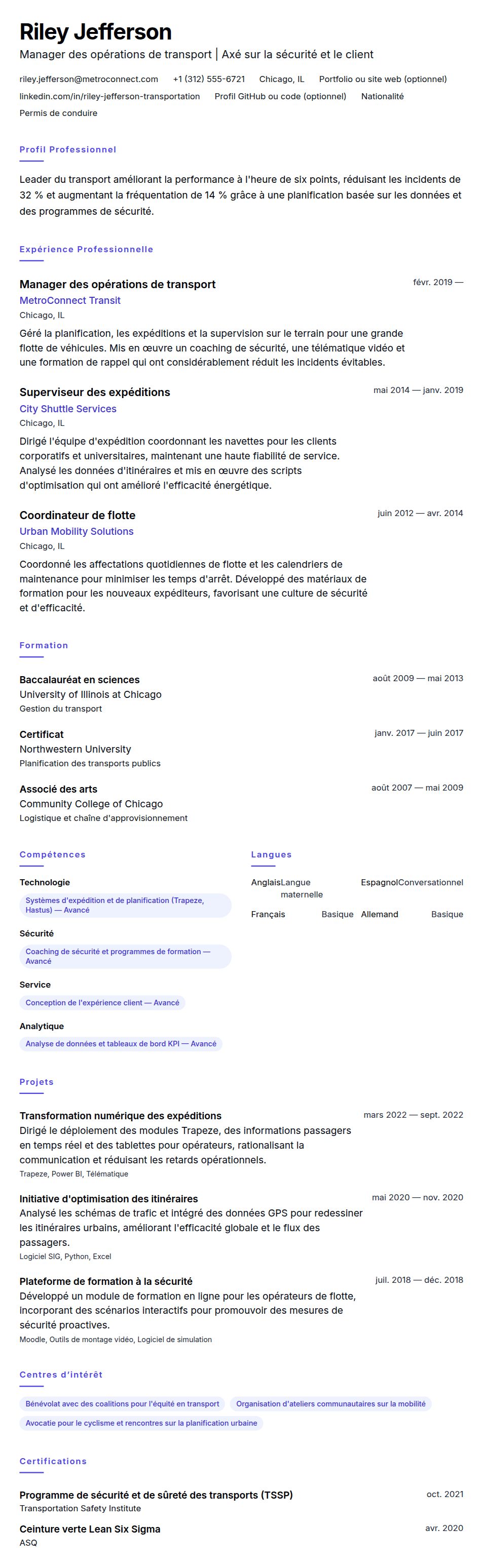 Aperçu du CV Exemple de CV de professionnel du transport