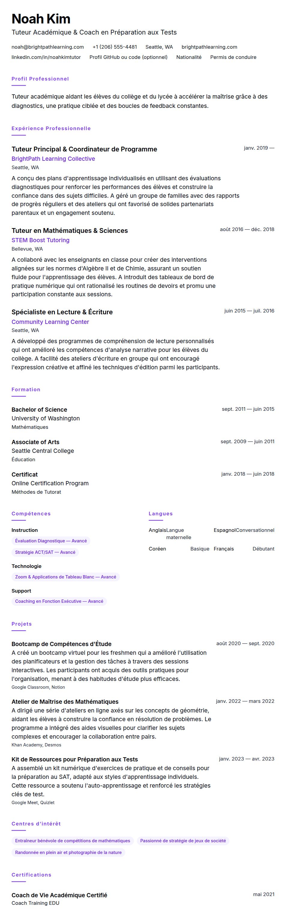 Aperçu du CV Exemple de CV de Tuteur