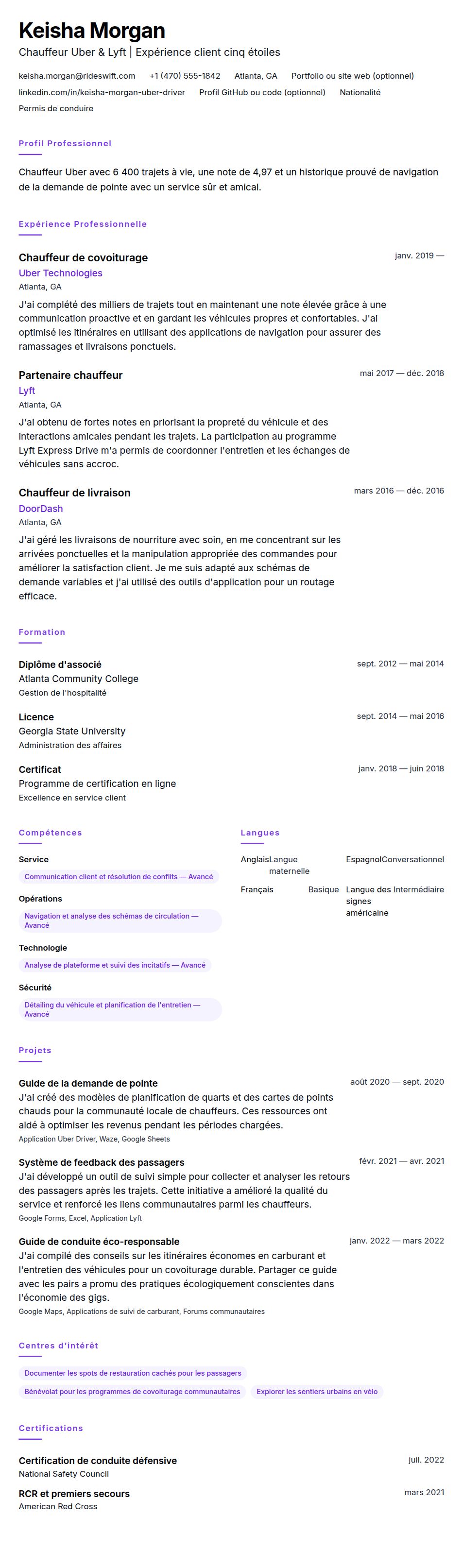Aperçu du CV Exemple de CV pour Chauffeur Uber