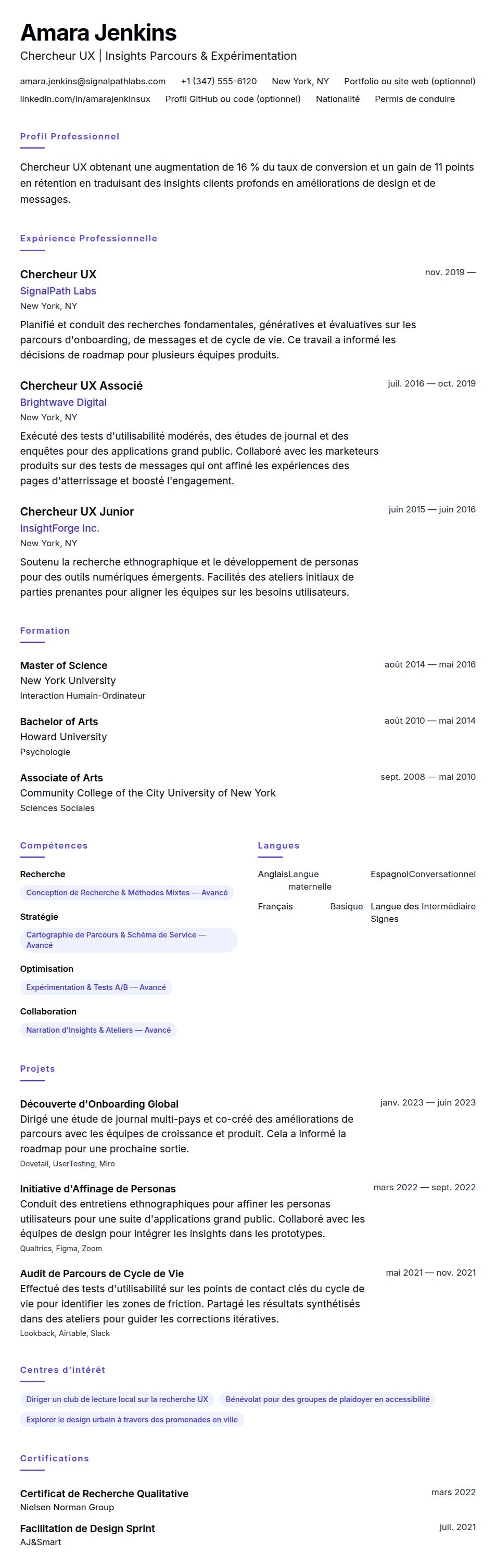 Aperçu du CV Exemple de CV de Chercheur UX
