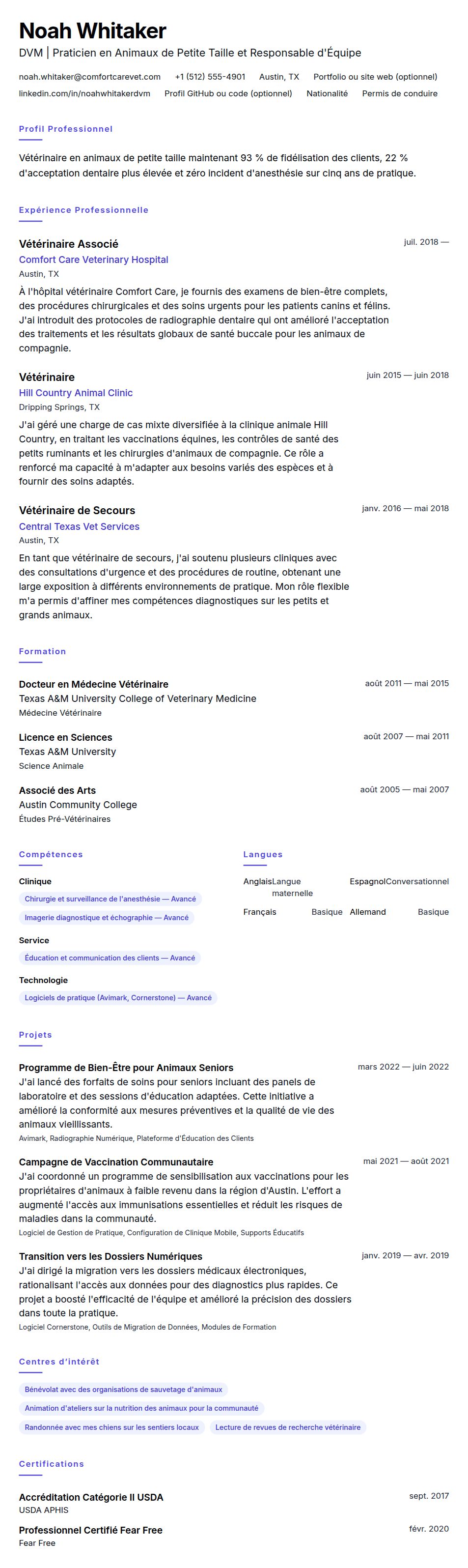 Aperçu du CV Exemple de CV de Vétérinaire