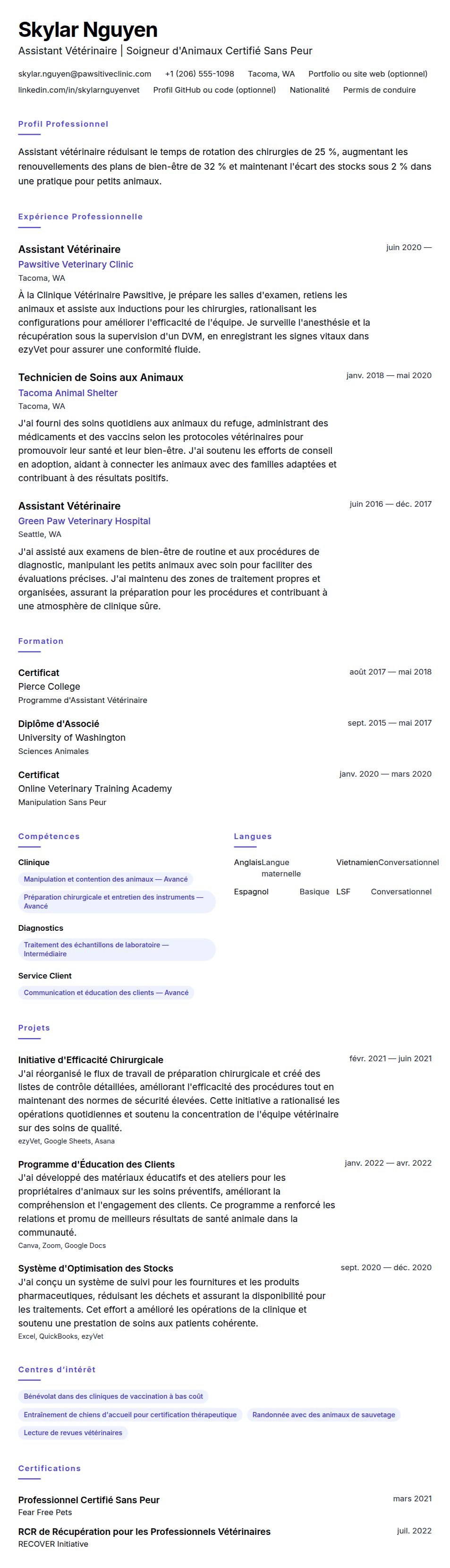 Aperçu du CV Exemple de CV d'Assistant Vétérinaire