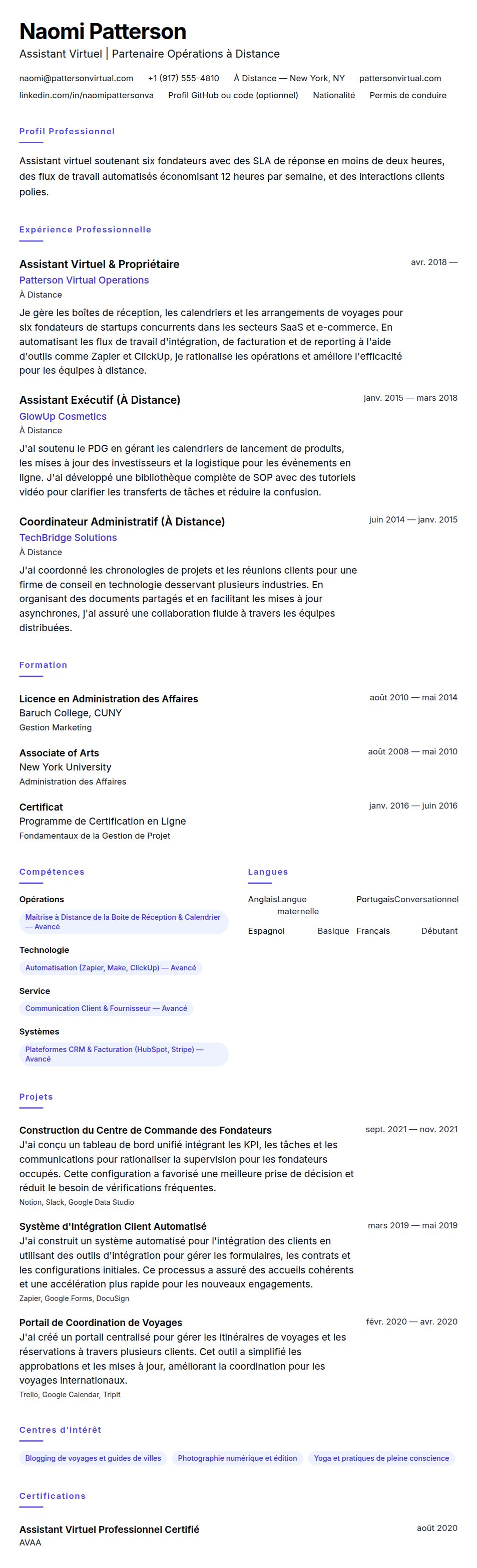 Aperçu du CV Exemple de CV d'Assistant Virtuel