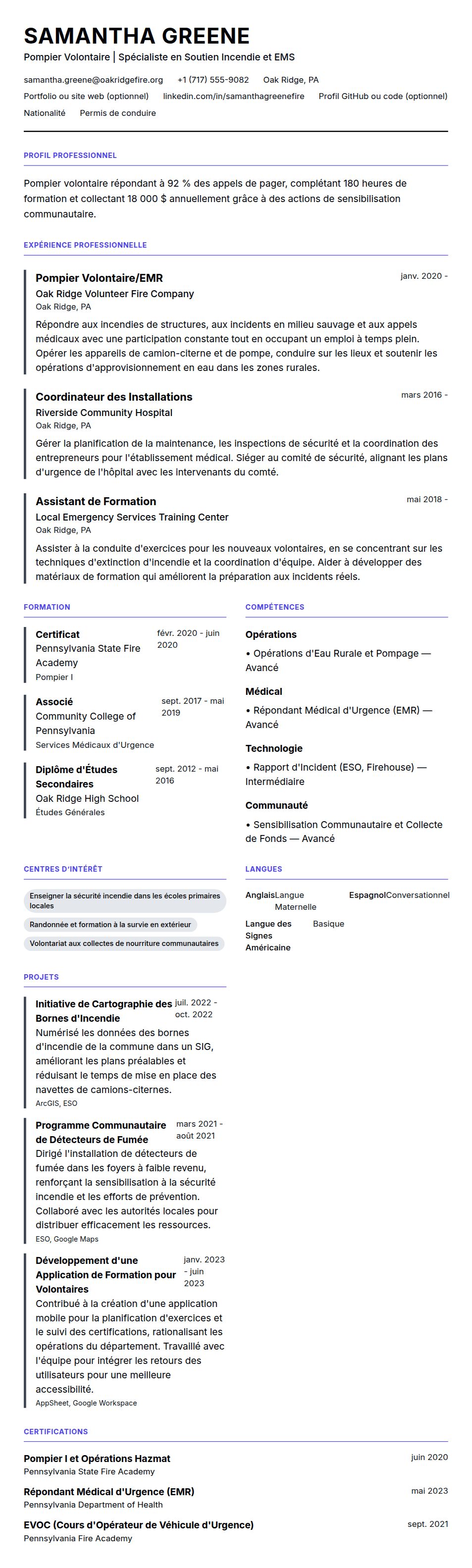 Aperçu du CV Exemple de CV de Pompier Volontaire