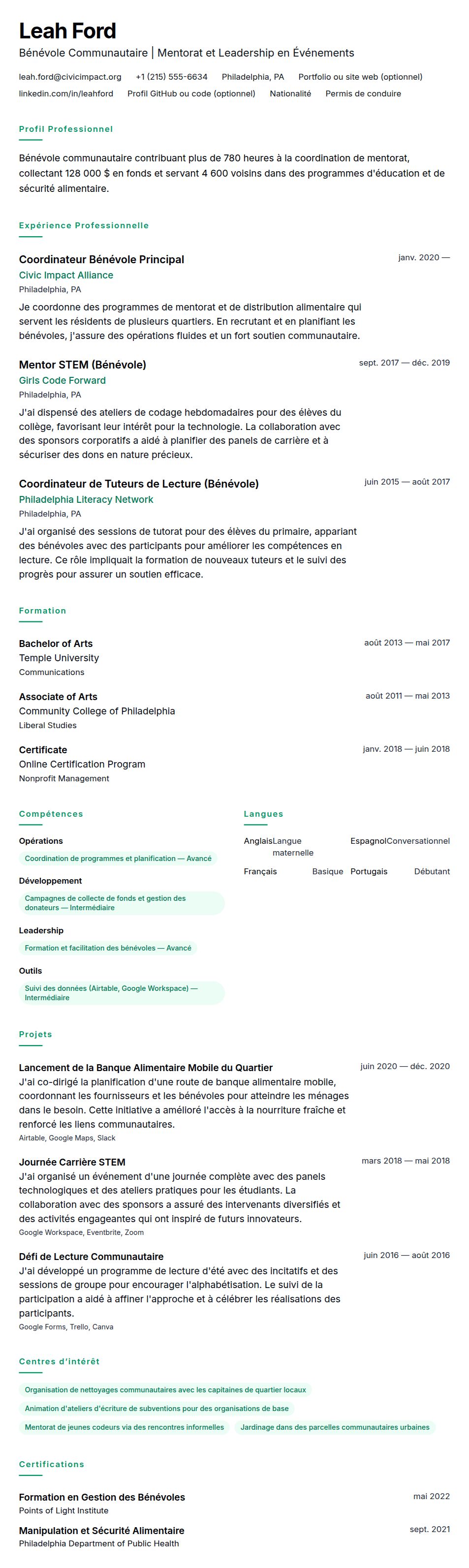 Aperçu du CV Exemple de CV Bénévolat