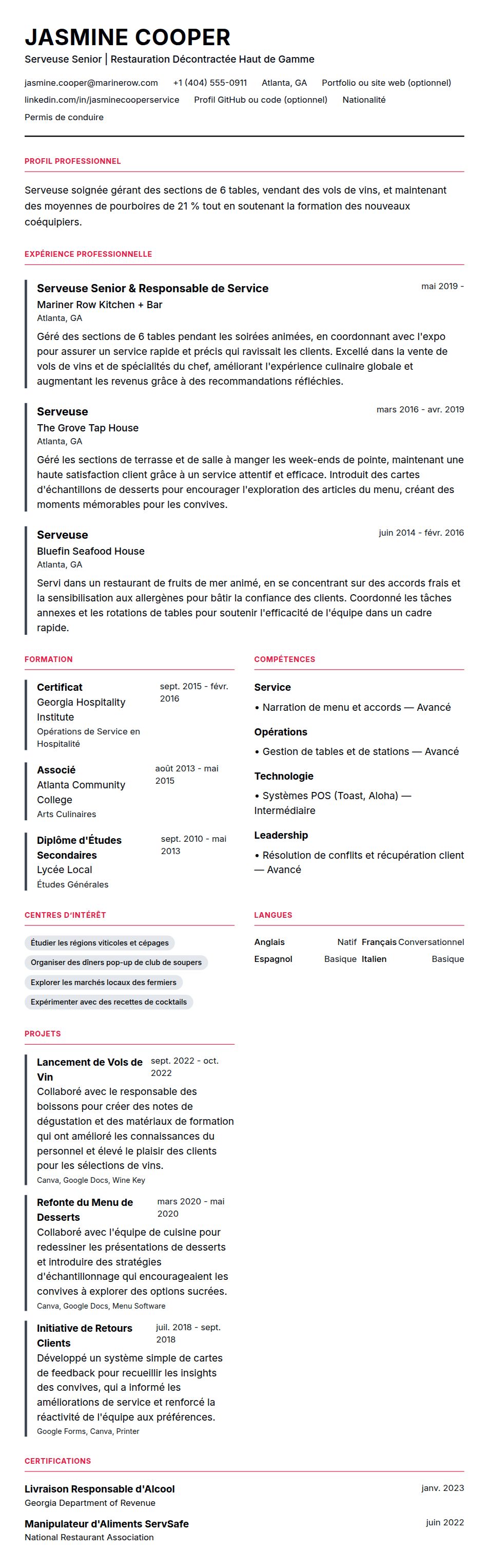 Exemple de CV de Serveuse