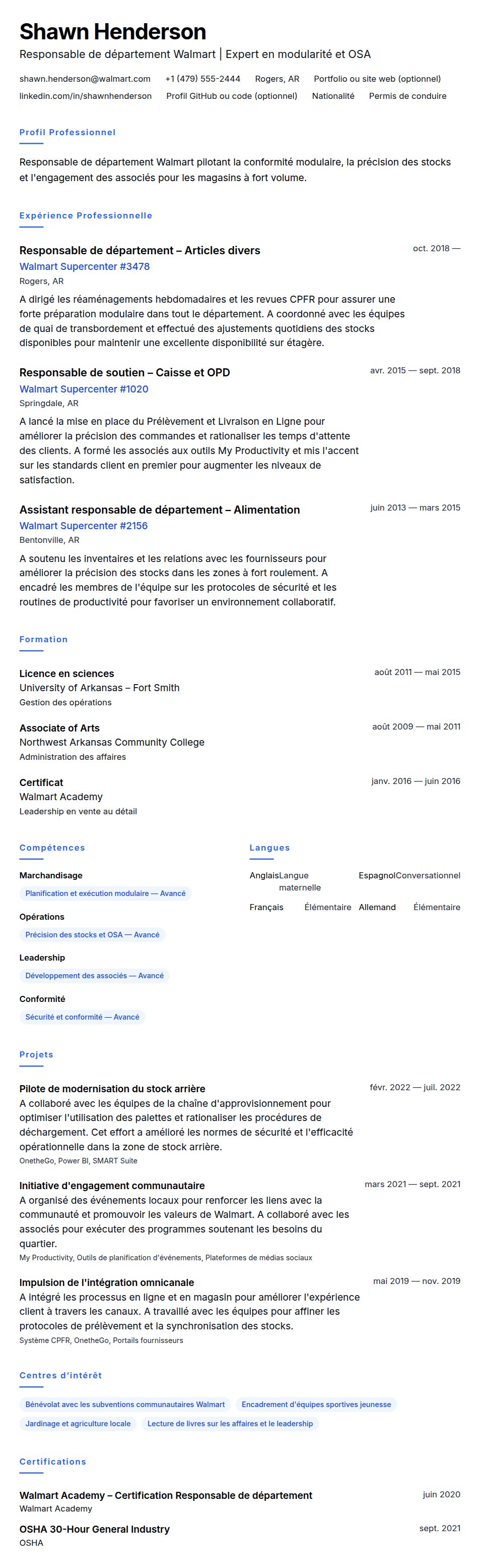 Aperçu du CV Exemple de CV pour responsable de département Walmart