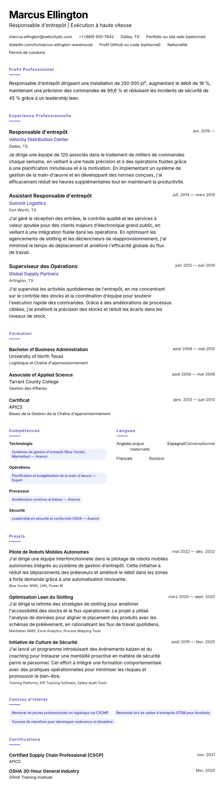 Aperçu du CV Exemple de CV de Responsable d'entrepôt