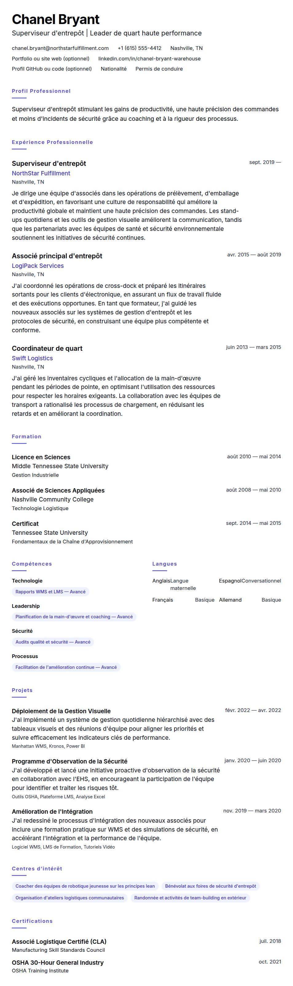 Aperçu du CV Exemple de CV de Superviseur d'entrepôt