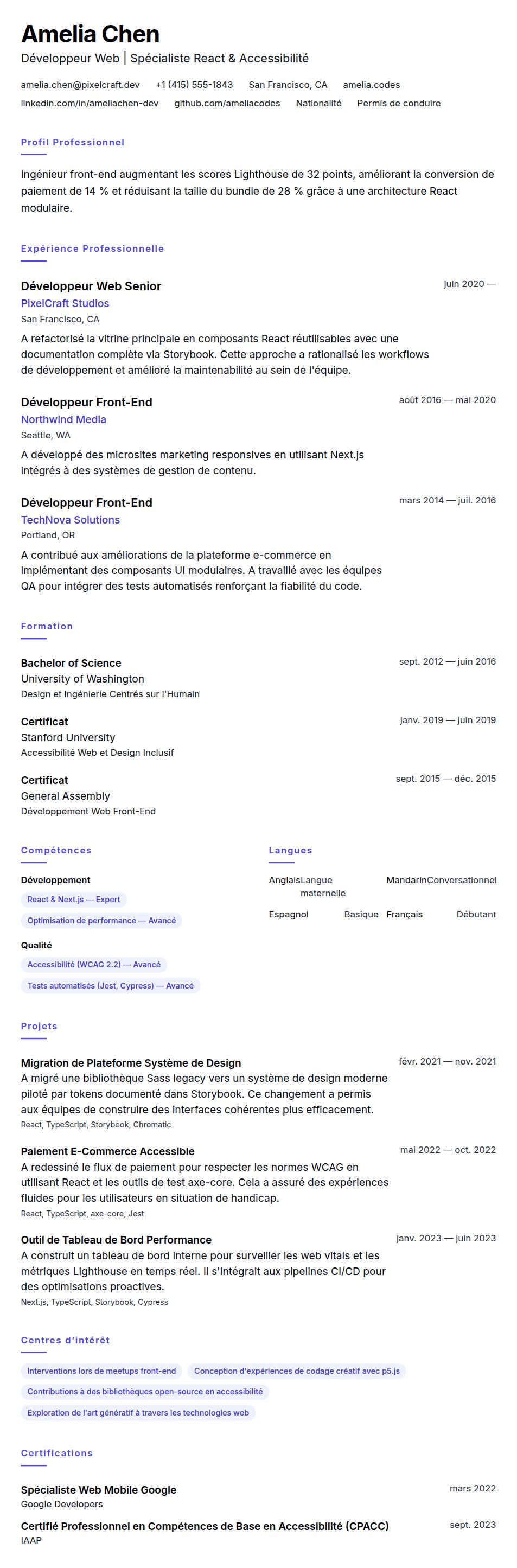 Aperçu du CV Exemple de CV Développeur Web